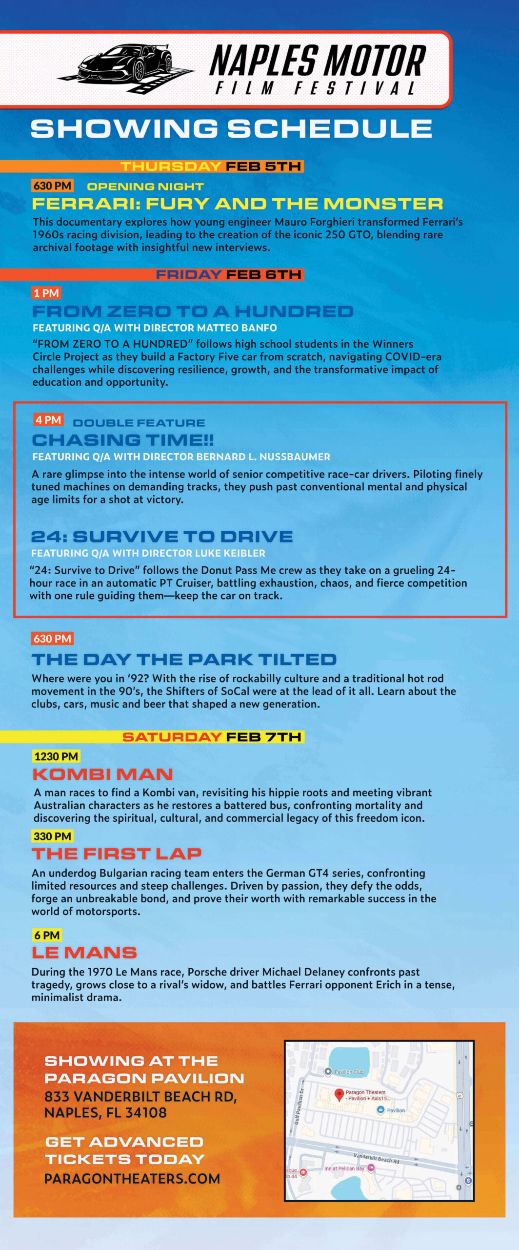 Naples Motor Film Festival screening schedule.