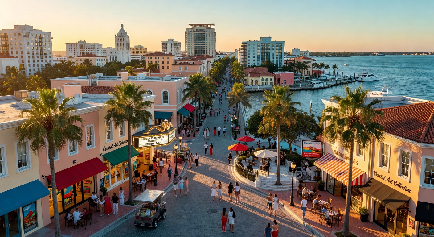Ultra-realistic 8K aerial photograph of vibrant downtown Naples Florida cultural district at golden hour with art galleries theaters and bustling restaurants filled with tourists showcasing economic activity