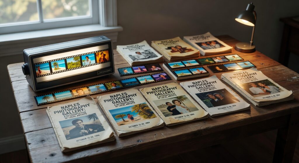 Ultra-realistic 8K photograph of vintage 1980s color slides and old photography prints spread across a wooden archive table with Naples Florida gallery programs from 1984, natural window light, documentary style