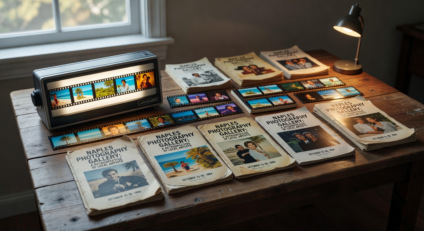 Ultra-realistic 8K photograph of vintage 1980s color slides and old photography prints spread across a wooden archive table with Naples Florida gallery programs from 1984, natural window light, documentary style