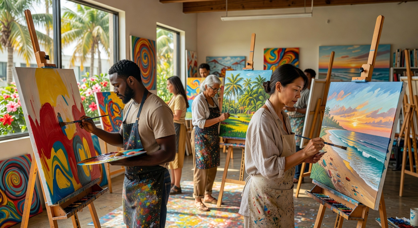 Ultra-realistic 8K photograph of diverse group of adults in a bright, sunlit Naples Florida art studio engaged in expressive painting, warm natural light streaming through large windows, paintbrushes and colorful canvases, peaceful and focused expressions, professional photography