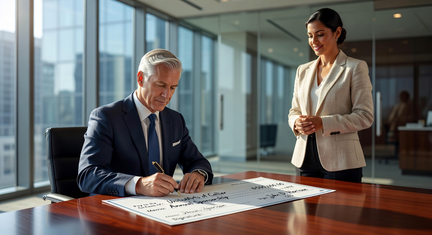 Ultra-realistic 8K image of sophisticated corporate executive writing large sponsorship check to United Arts of Collier representative during formal signing ceremony