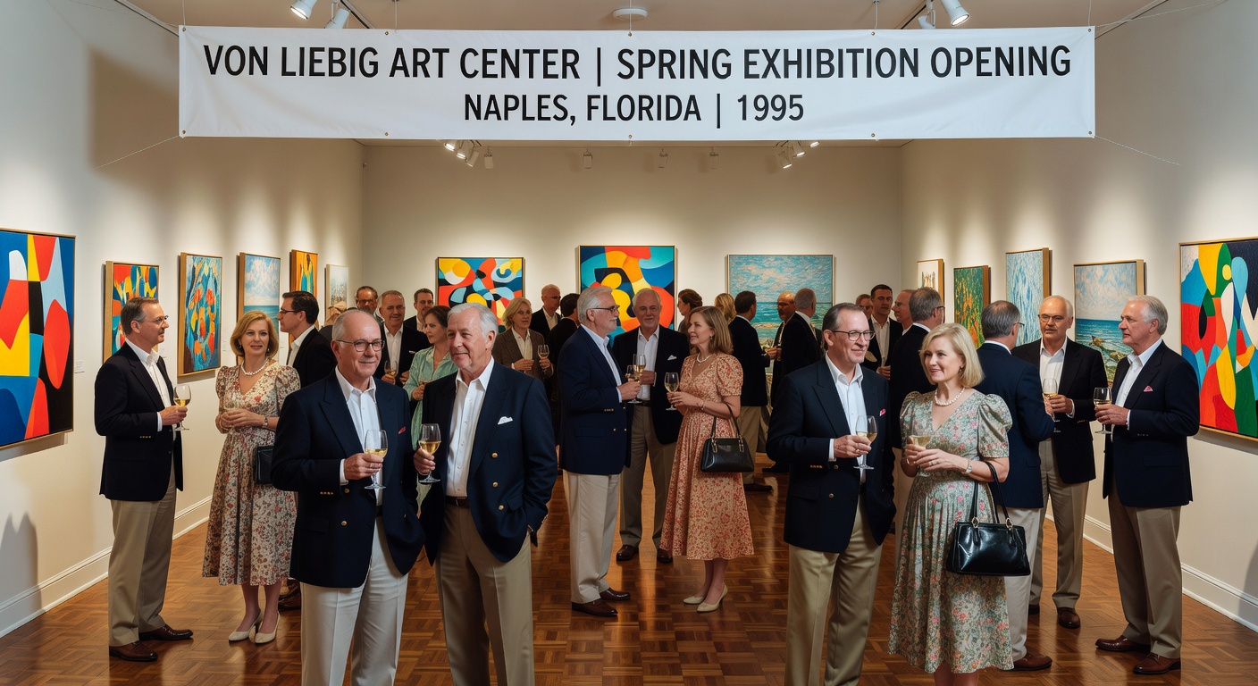 8K professional photograph of an elegant exhibition opening at the von Liebig Art Center in the 1990s, well-dressed attendees viewing paintings with wine glasses