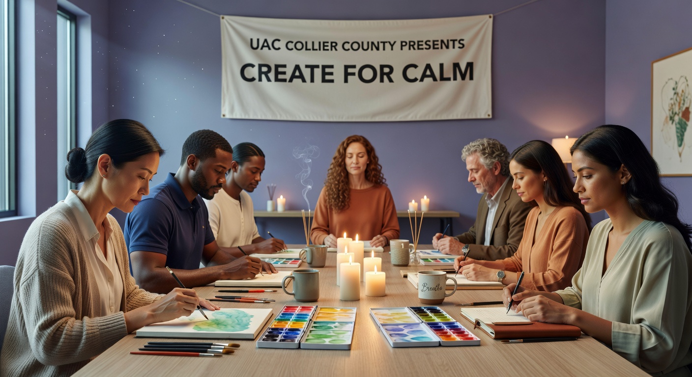 Ultra-realistic 8K photograph of CREATE FOR CALM workshop session in progress at UAC Collier County, participants practicing mindfulness and art, serene atmosphere with candles and calming colors
