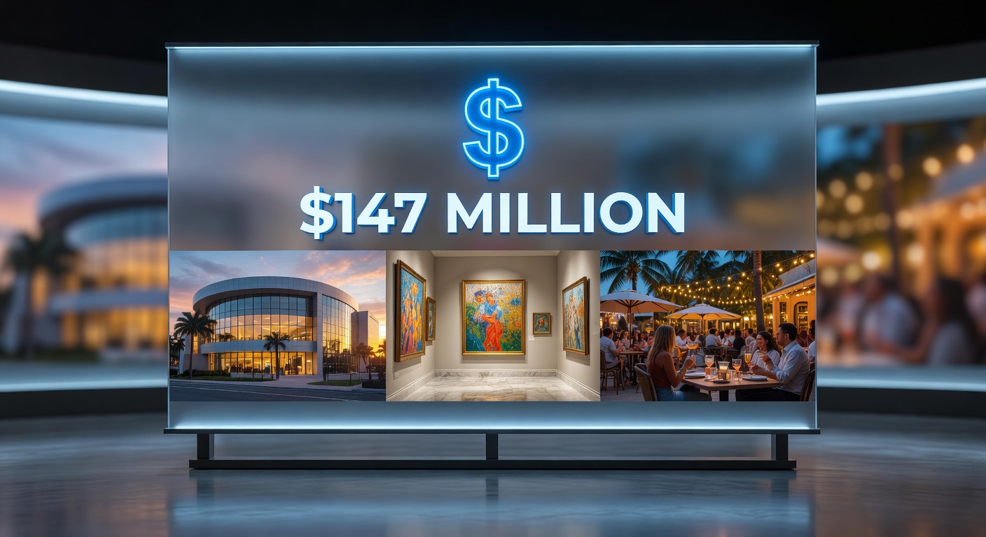 Professional 8K visualization showing economic impact infographics with $147 million figure glowing over images of theaters galleries and restaurants in Naples Florida