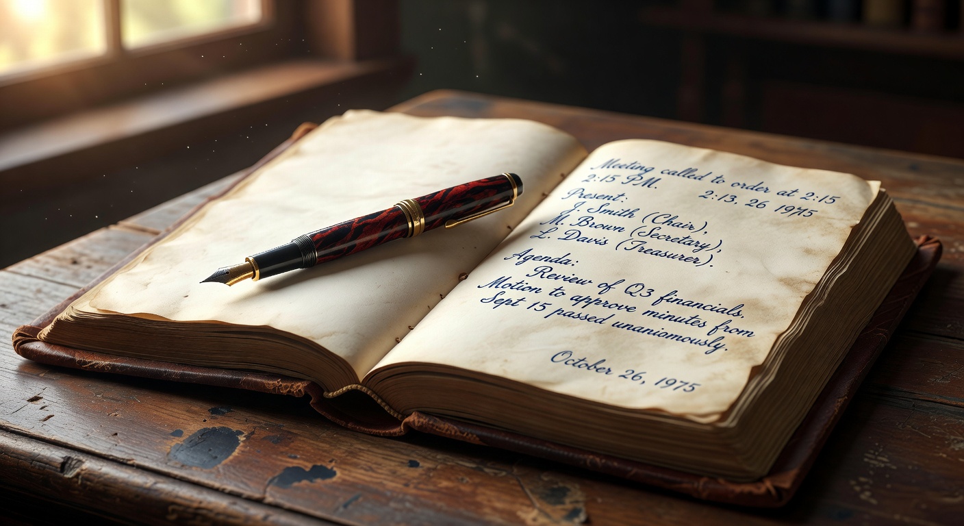 Ultra-realistic 8K image of a leather-bound archive book open to handwritten meeting minutes from 1975 with fountain pen resting on the page