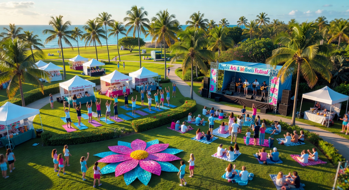 Aerial ultra-realistic 8K view of beautiful outdoor arts festival in Naples Florida connecting community with health through creativity, colorful installations, people of all ages, tropical landscape