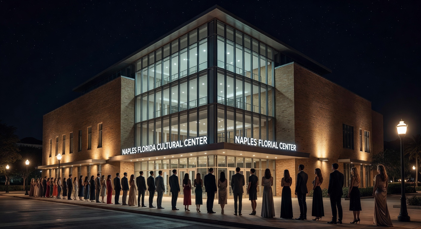 Hyperrealistic 8K night photograph of beautifully illuminated Naples Florida cultural center building with line of well-dressed patrons entering for evening performance