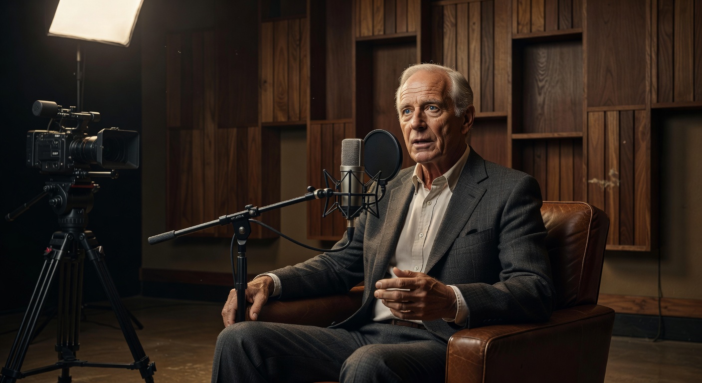 Documentary style 8K photograph of an oral history recording session with a senior citizen telling stories into a professional microphone in a sound-treated studio