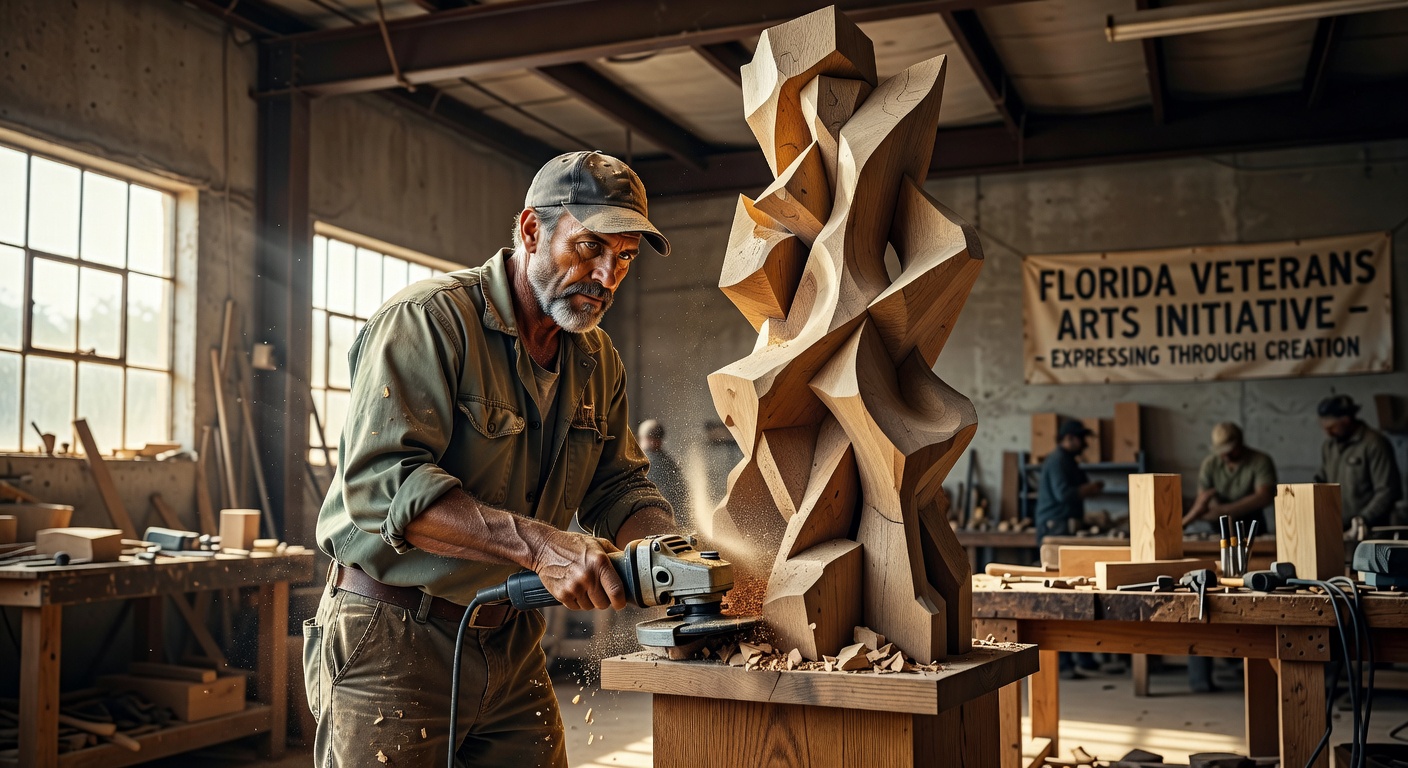 Ultra-realistic 8K image of veteran in his 60s creating powerful abstract sculpture during arts for veterans Florida program, concentration and catharsis visible, workshop setting