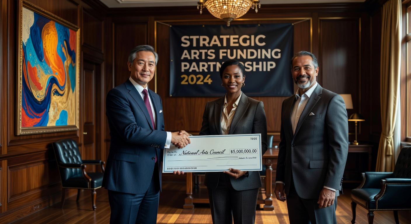 Ultra-detailed 8K image of hands exchanging funds between government official business leader and arts administrator symbolizing strategic arts funding partnership