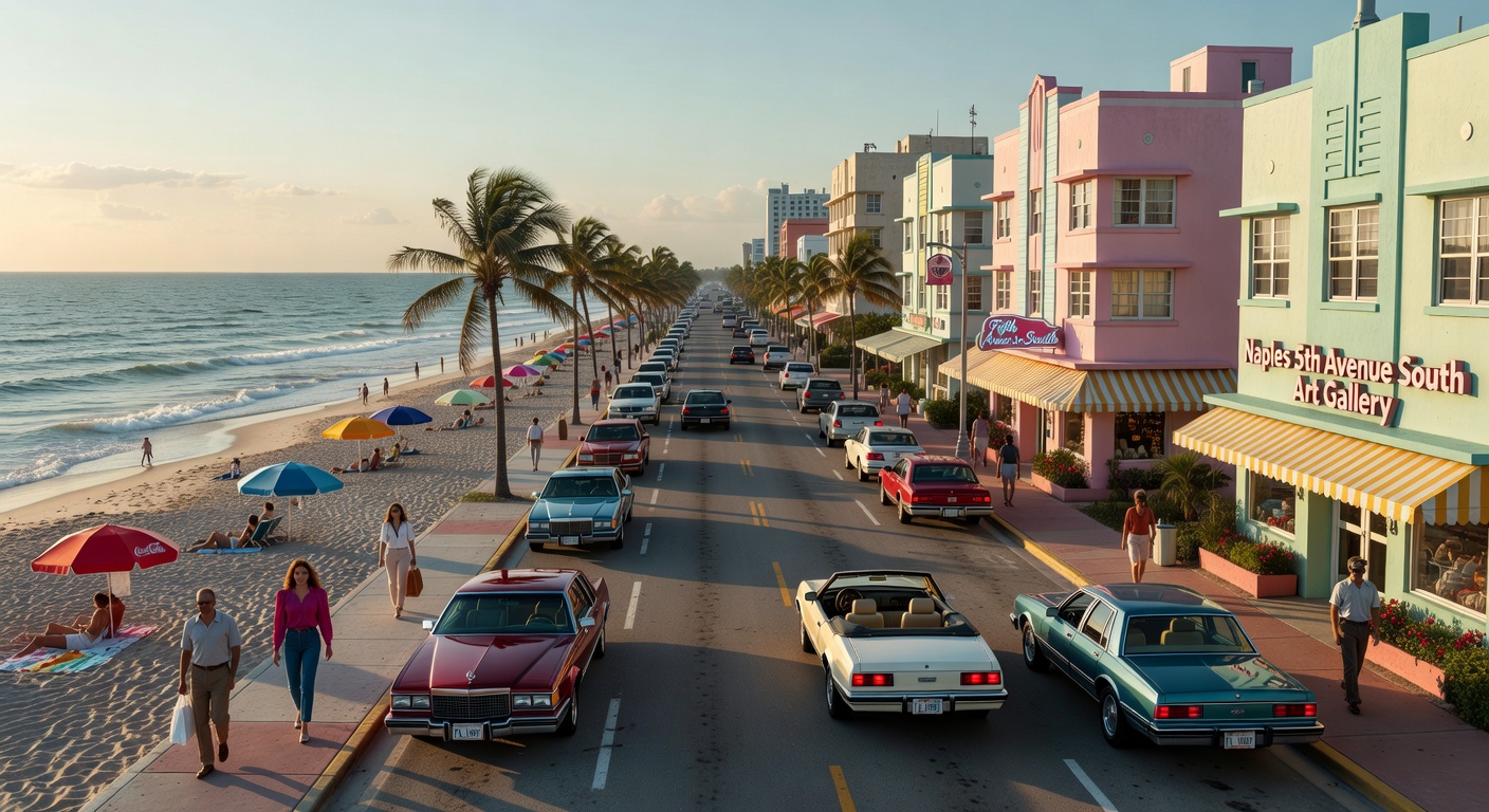 Ultra-realistic 8K aerial view of Naples Florida coastline and 5th Avenue South arts district during the 1980s with period correct cars and architecture