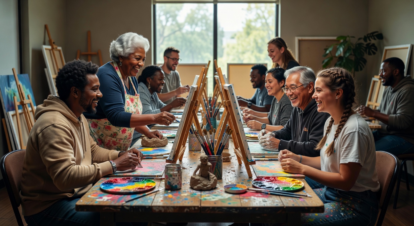 Warm ultra-realistic 8K photograph of intergenerational art group with seniors and young adults creating together in Collier County community center, laughter and connection, natural light