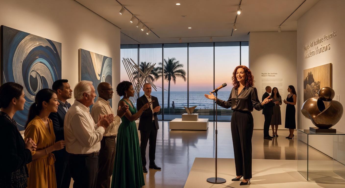 Cinematic ultra-realistic 8K photograph of diverse audience enjoying contemporary art exhibition at prestigious Naples Florida museum with visible excitement and engagement