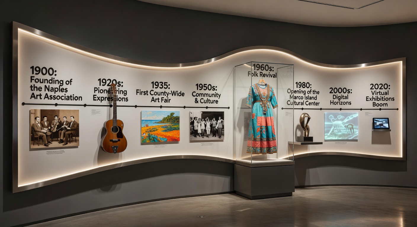 8K image of a beautiful timeline wall display in a museum exhibition featuring key milestones in Collier County arts history with photographs and artifacts