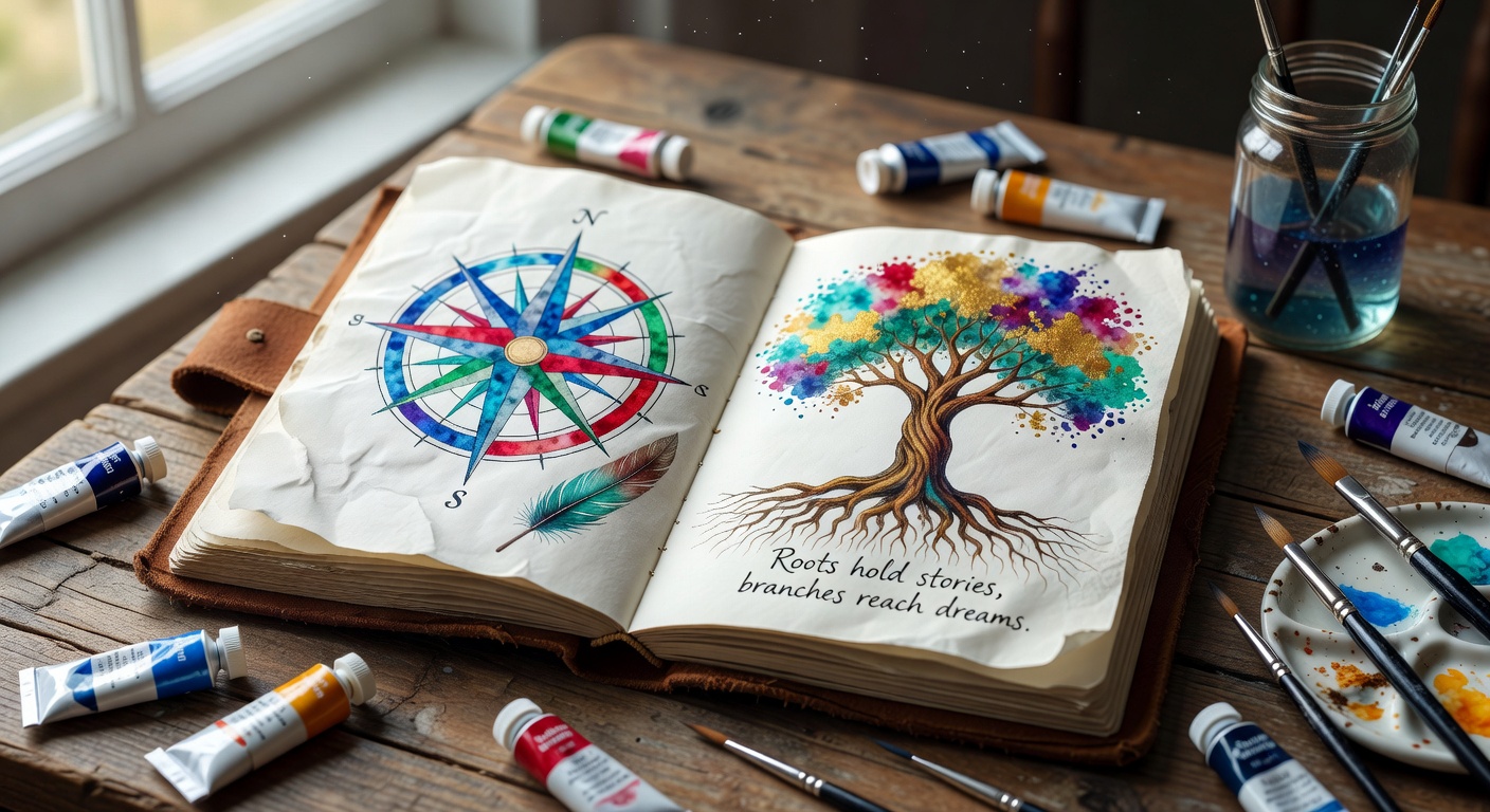 Ultra-realistic 8K close-up of journal and watercolor painting combined in expressive arts practice, meaningful personal symbols and colors, soft window light creating peaceful mood