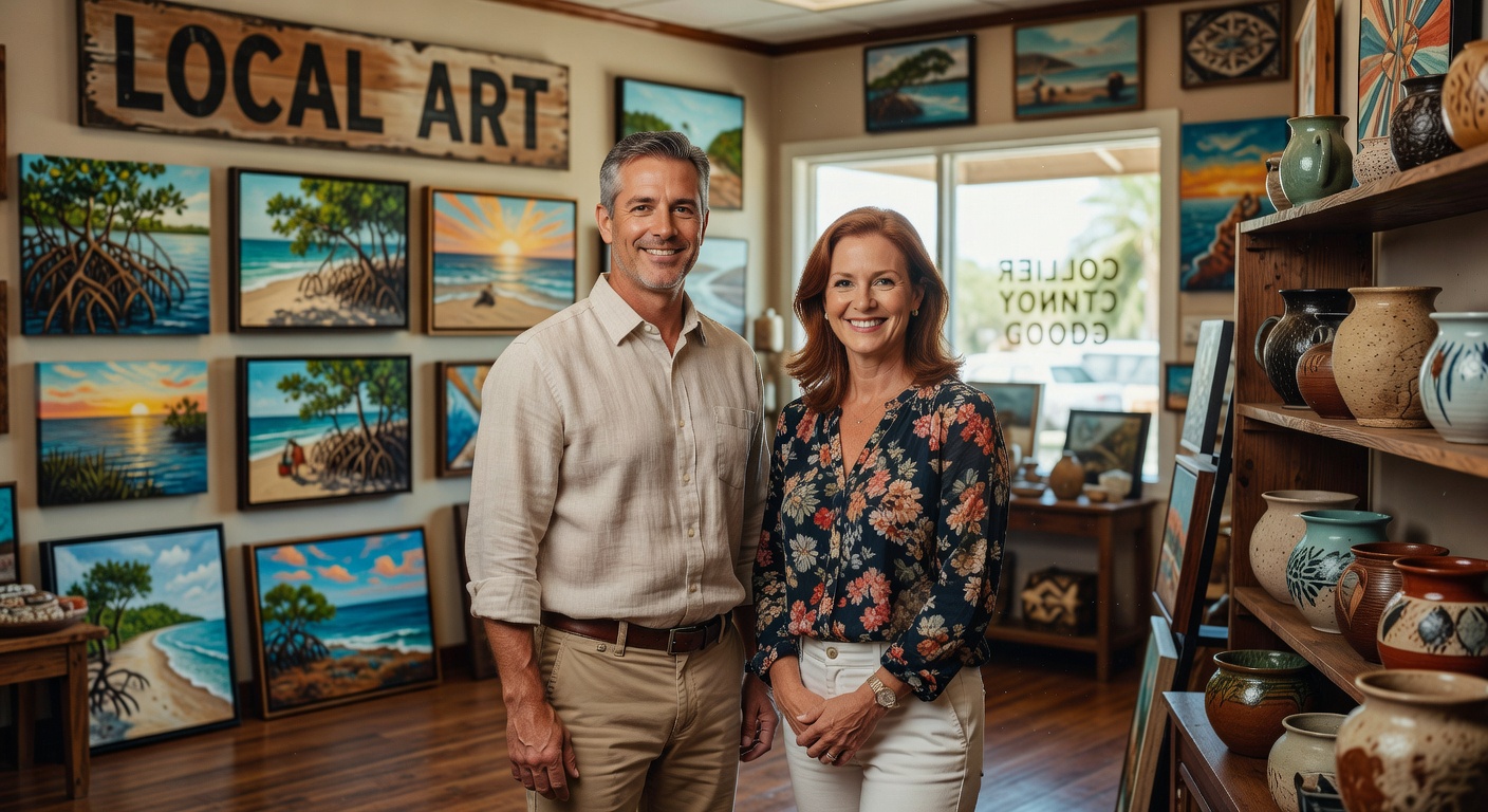Professional 8K image of smiling Collier County small business owners standing proudly inside their shop displaying local artist works and cultural merchandise