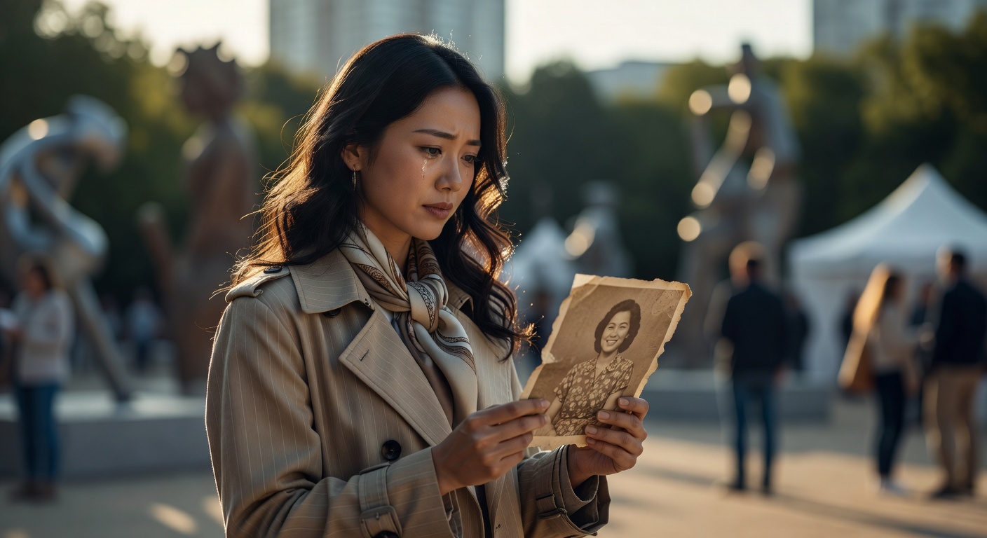 Ultra-realistic 8K portrait of a young diverse artist examining a 40-year-old photograph of her mother at an art festival, emotional expression, natural lighting