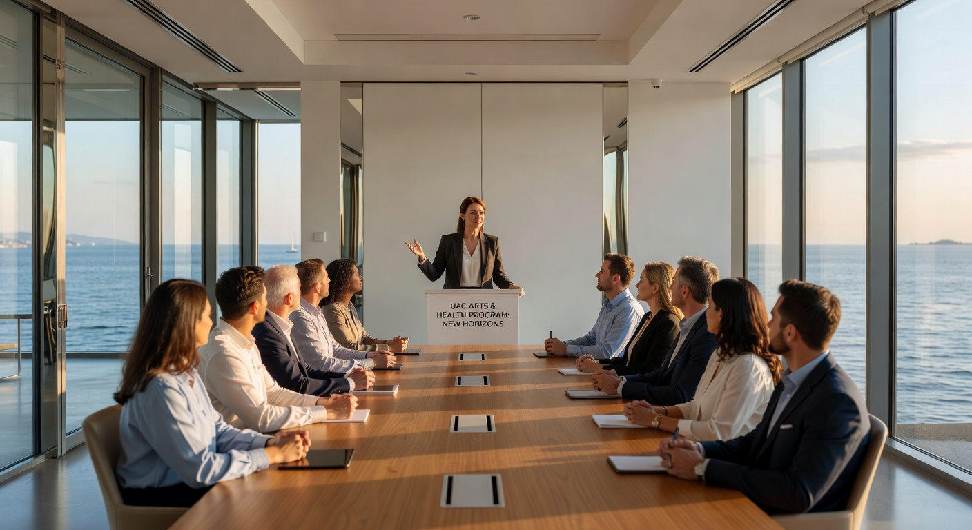 Ultra-realistic 8K image of UAC program facilitator speaking to engaged group of participants during orientation for new arts and health program in modern Naples facility