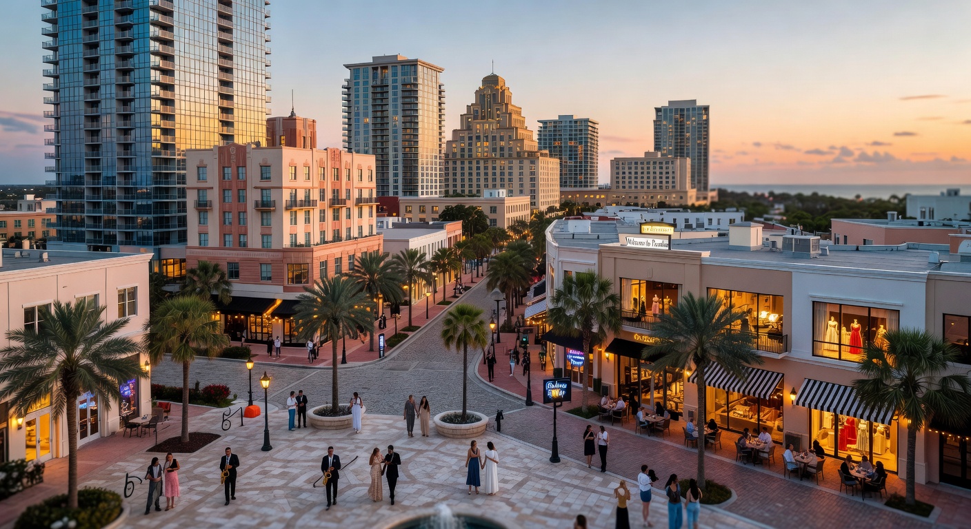 Ultra-realistic 8K aerial perspective of interconnected economic ecosystem showing arts venues hotels restaurants and shopping districts in Collier County Florida