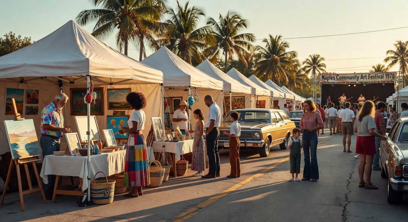 Cinematic 8K photograph of a community arts festival in Naples Florida during the late 1970s with local artists displaying work under white tents