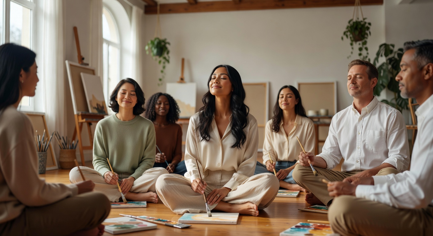 Serene ultra-realistic 8K photograph of mindfulness and art meditation session, participants with eyes closed holding paintbrushes, soft natural lighting, spiritual healing atmosphere