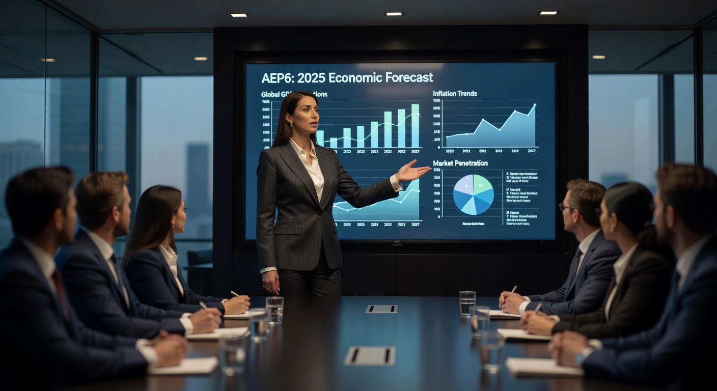 Hyper-detailed 8K portrait of confident female United Arts of Collier executive presenting AEP6 economic data on large screen to attentive business audience