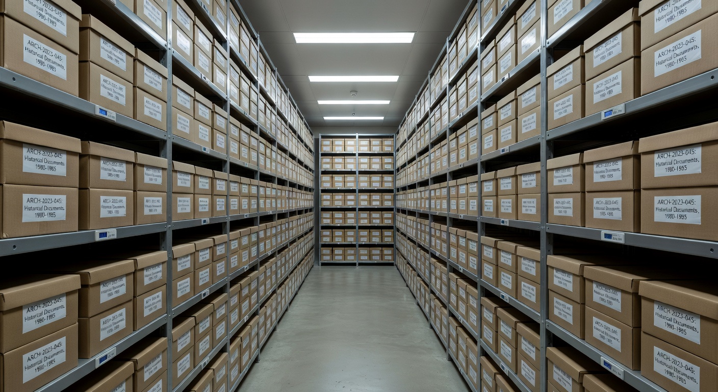 Ultra-realistic 8K image of a climate-controlled archive storage room with neatly labeled acid-free boxes on metal shelving systems and temperature monitoring equipment
