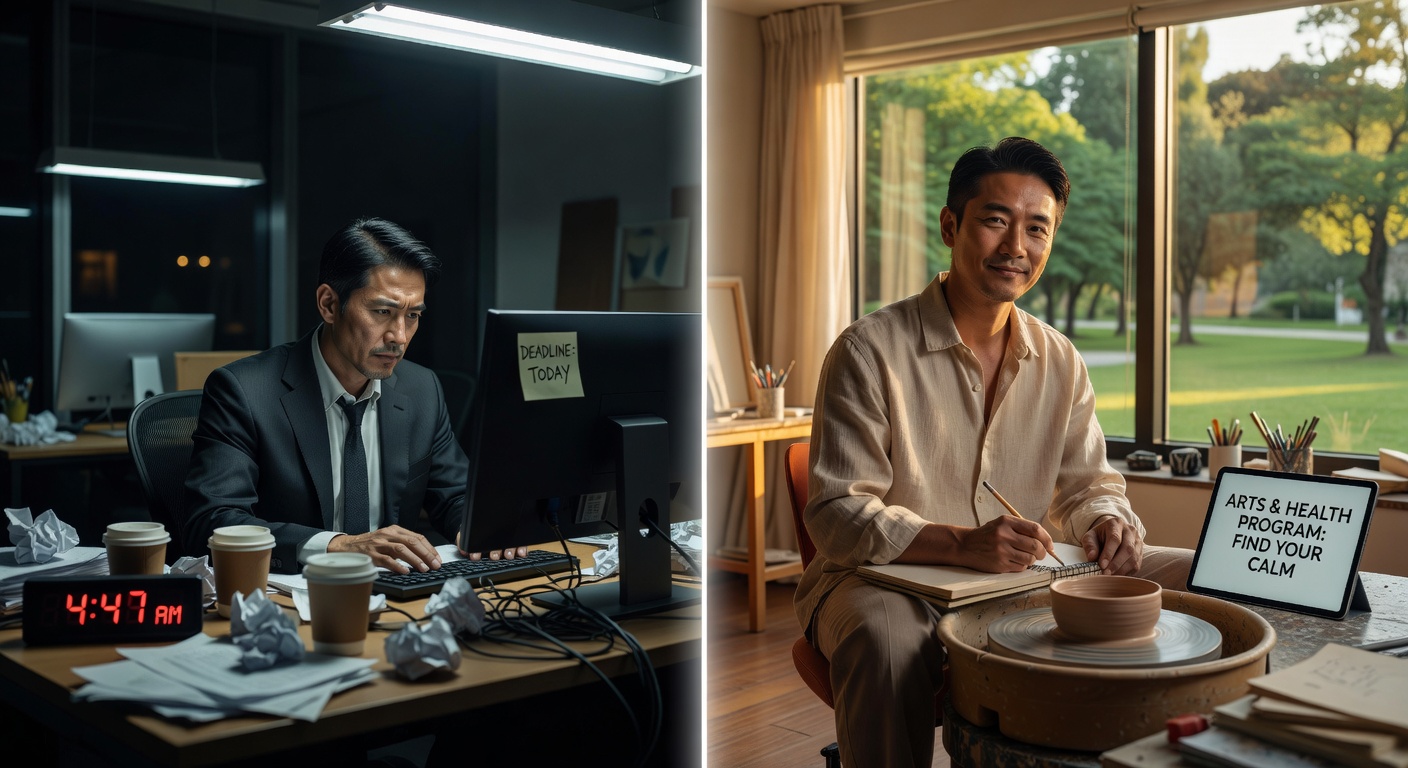 Ultra-realistic 8K before-and-after conceptual split image showing stressed individual on left and peaceful creative person on right, same person transformed through arts and health program