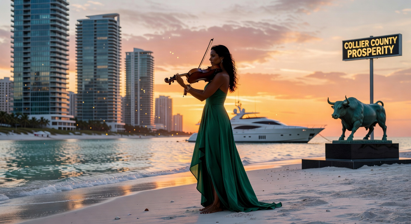 Ultra-realistic 8K sunset image of artistic silhouette of violinist performing on beach in Collier County with luxury high-rise buildings and economic prosperity symbols in background
