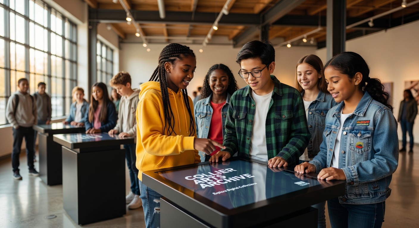 Inspiring 8K documentary photograph of a group of middle school students on a field trip exploring the Collier Arts Archive digital touchscreen exhibits in a modern gallery space