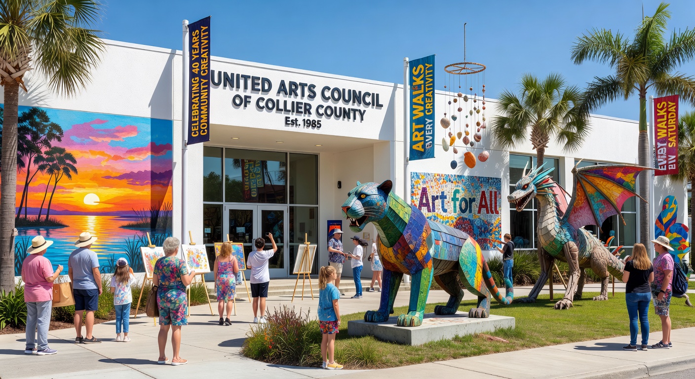 Inspiring ultra-realistic 8K wide shot of United Arts Council Collier County building exterior with colorful community art installations outside, sunny Florida day, welcoming entrance