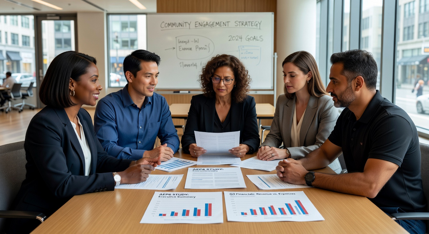 Professional 8K close-up of diverse group of Collier County arts administrators and volunteers collaborating in modern office space with financial reports and AEP6 study documents visible