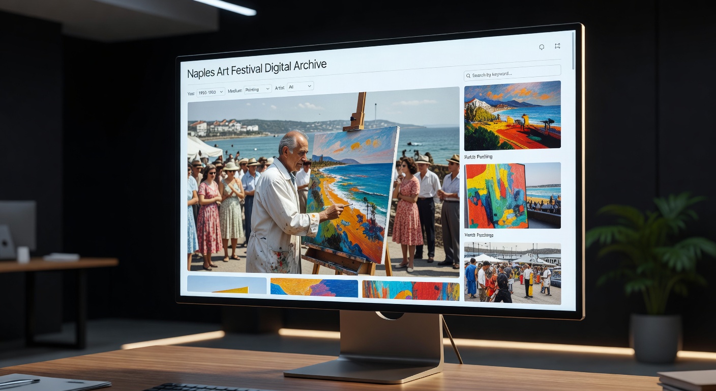 Professional 8K image of a modern digital archive interface on a large monitor displaying historical photographs of Naples Art Festival, clean user interface design with search filters visible