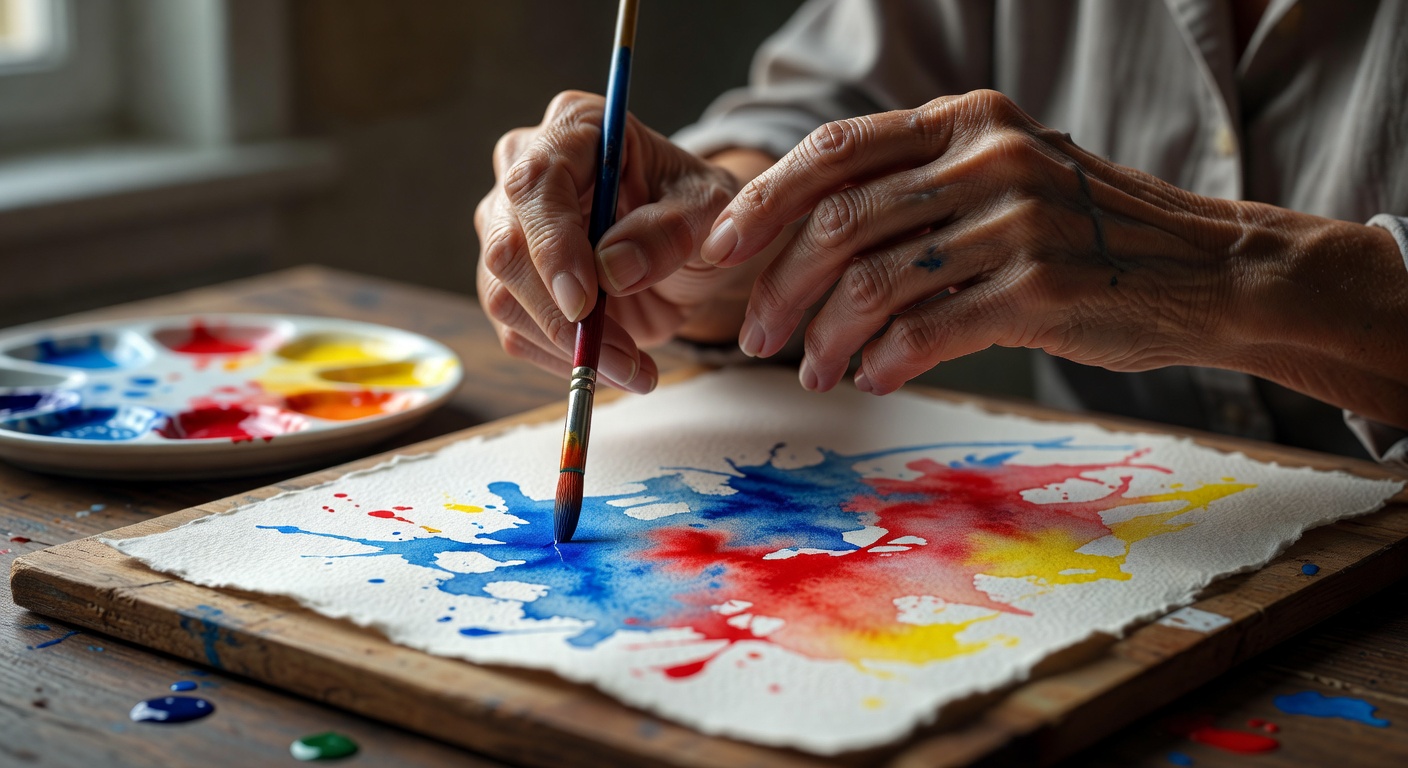 Close-up ultra-realistic 8K image of senior woman's hands creating abstract art with vibrant watercolors, delicate wrinkles visible, soft natural lighting, emotional and therapeutic atmosphere, high detail texture of paper and paint