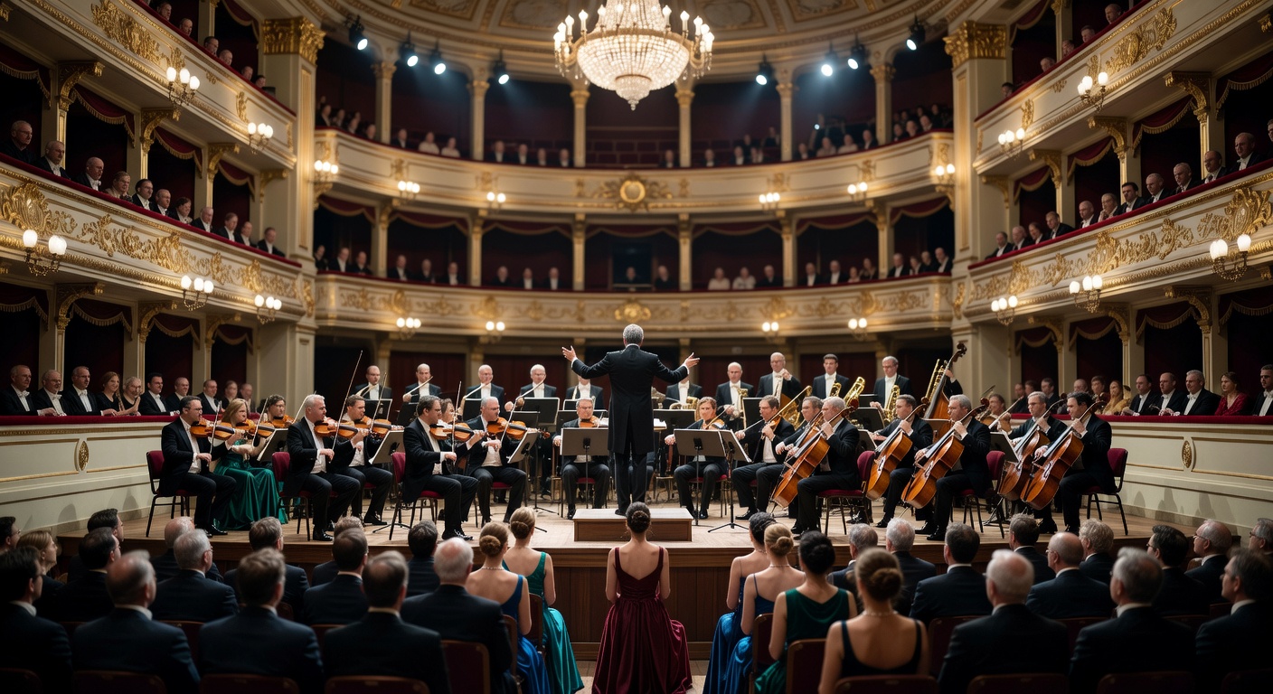 Cinematic ultra-realistic image of packed 800-seat Naples Philharmonic concert hall during evening performance with elegant audience and orchestra on stage highlighting cultural tourism