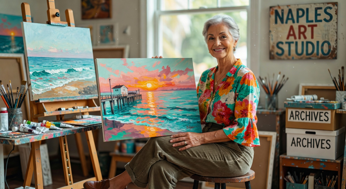Ultra-realistic cinematic photograph of an elderly artist in her 80s holding a 1970s painting while sitting in a sunlit Naples, Florida studio surrounded by art supplies and archival boxes