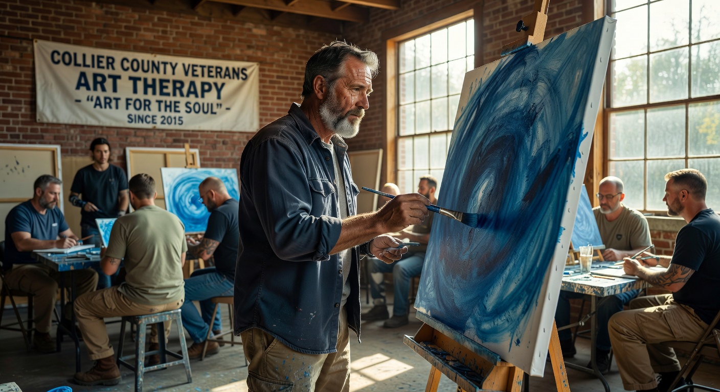 Ultra-realistic 8K portrait of a middle-aged male veteran in casual clothing thoughtfully painting on a large canvas in a veterans-only art therapy session in Collier County, focused expression showing emotional release, studio environment