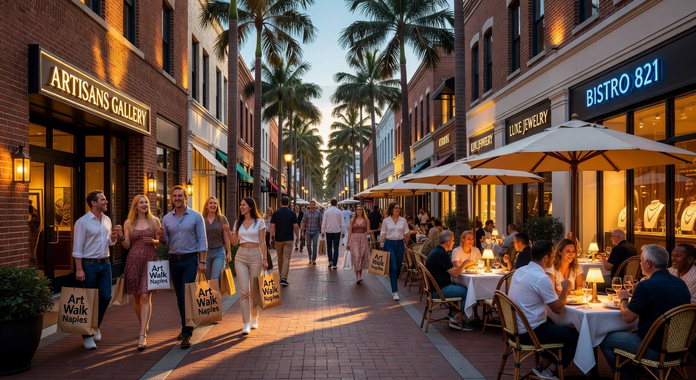 Hyperrealistic 8K photograph of busy Fifth Avenue South Naples shopping street with tourists carrying art gallery bags and dining at upscale restaurants during Art Walk evening