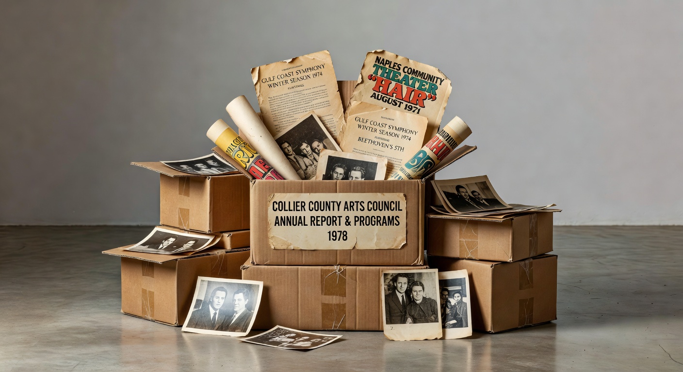8K documentary style image of stacked cardboard boxes filled with yellowing event programs, posters and black and white photographs from 1970s Collier County arts organizations