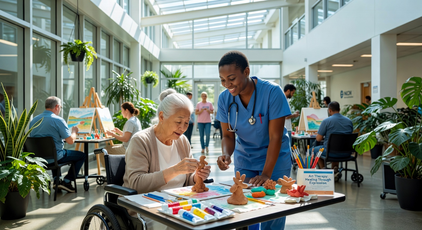 Wide angle ultra-realistic 8K photograph of NCH Healthcare System hospital art therapy program, patients and medical staff interacting with art materials in a bright hospital atrium, healing environment with plants and natural light