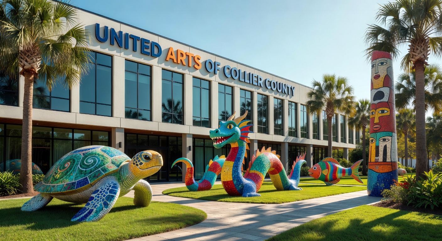 Ultra-detailed 8K image of United Arts of Collier County headquarters modern building exterior with prominent signage and community art installations in front during sunny Florida day