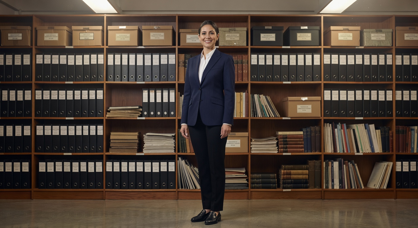 Ultra-realistic 8K portrait of United Arts Collier Executive Director Maria Elena Rodriguez standing in front of floor-to-ceiling archive shelves filled with organized historical materials