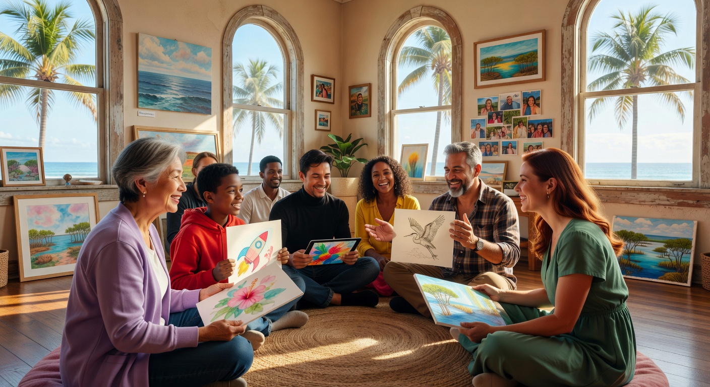 Ultra-realistic 8K image of expressive arts group circle in Naples FL, participants of various ages sitting together sharing artwork, warm and supportive atmosphere, soft afternoon lighting through windows