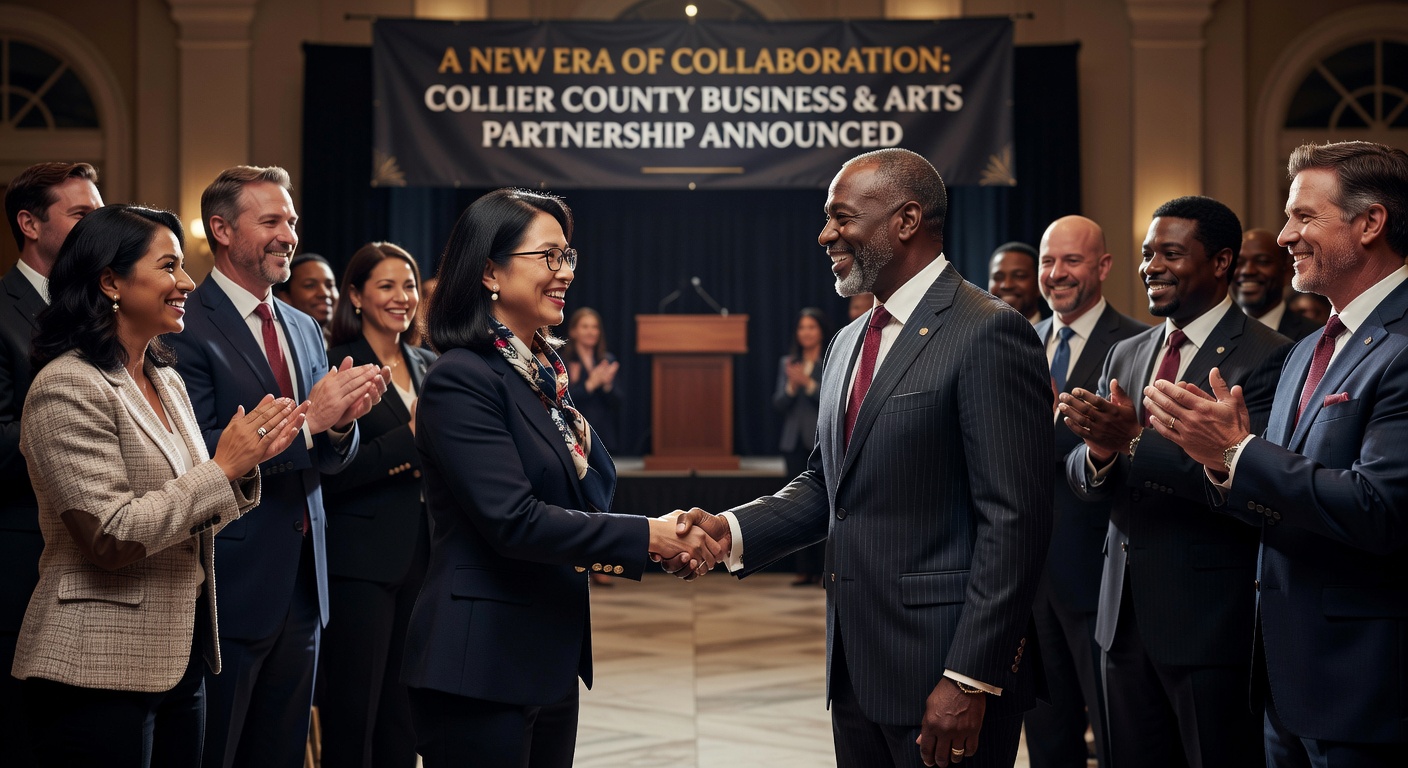 Professional business-style 8K portrait of diverse group of Collier County business leaders and arts executives shaking hands at partnership announcement event