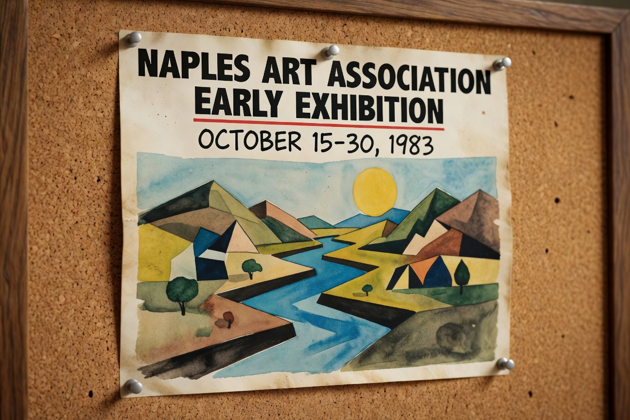 Detailed 8K photograph of a 1983 hand-drawn poster for an early Naples Art Association exhibition, slightly weathered paper texture, pinned to a cork board with push pins