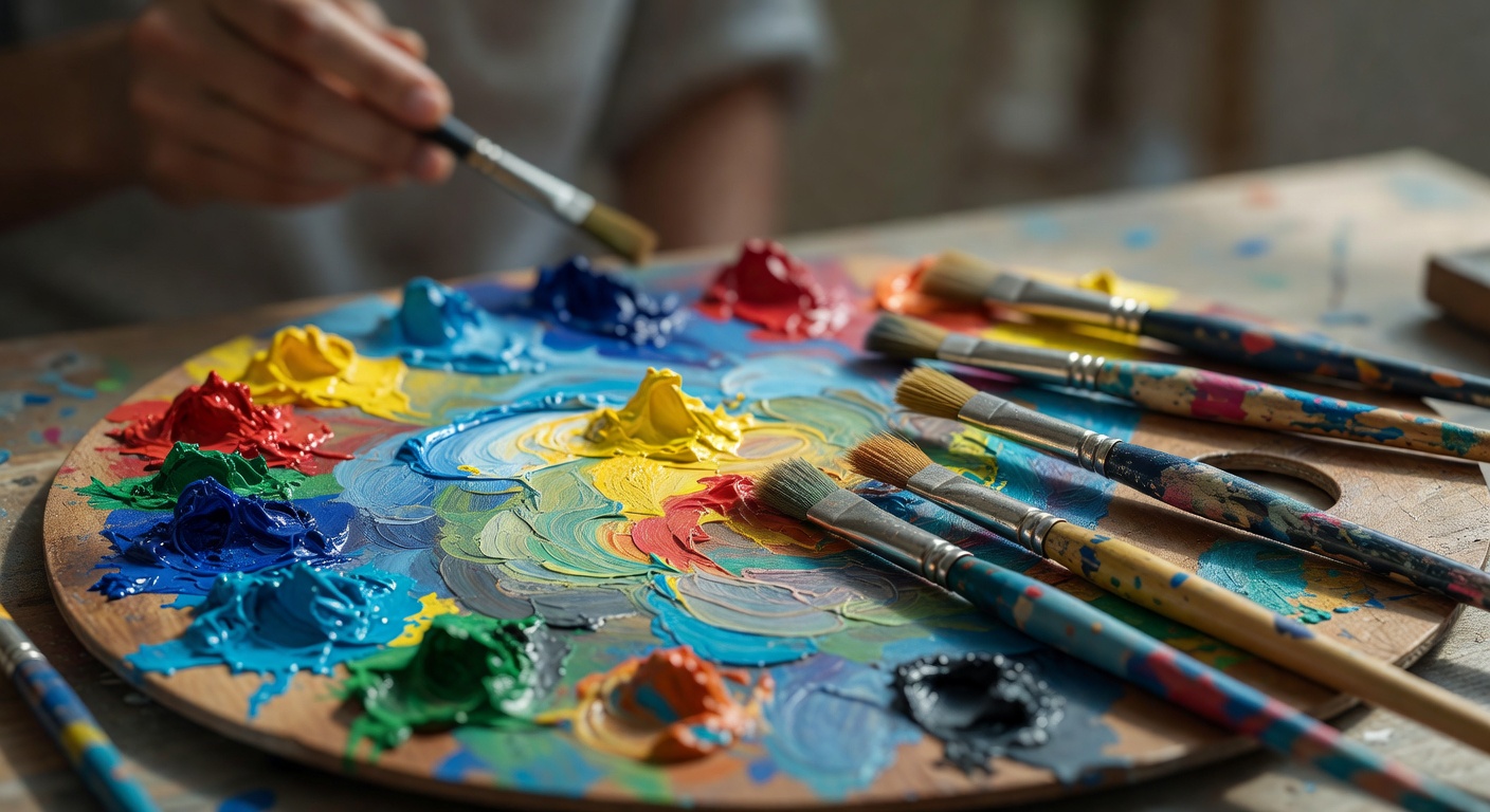 Detailed 8K macro photograph of paint mixing on palette with brushes during an art therapy session, vibrant colors, texture and light reflection, artistic and therapeutic mood