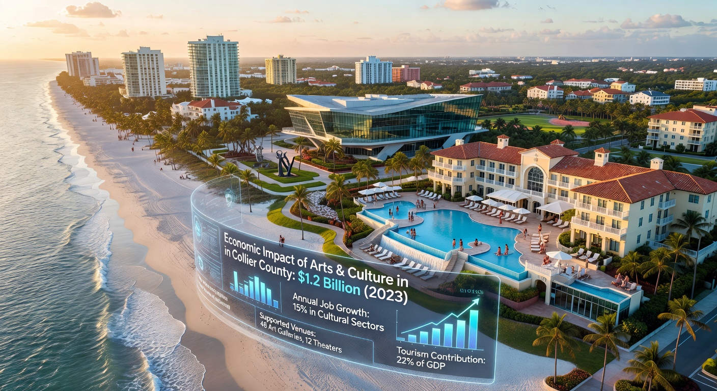 Ultra-realistic 8K aerial view of Collier County Florida coastline showing luxury resorts cultural venues and economic infrastructure with data visualization overlay about arts impact