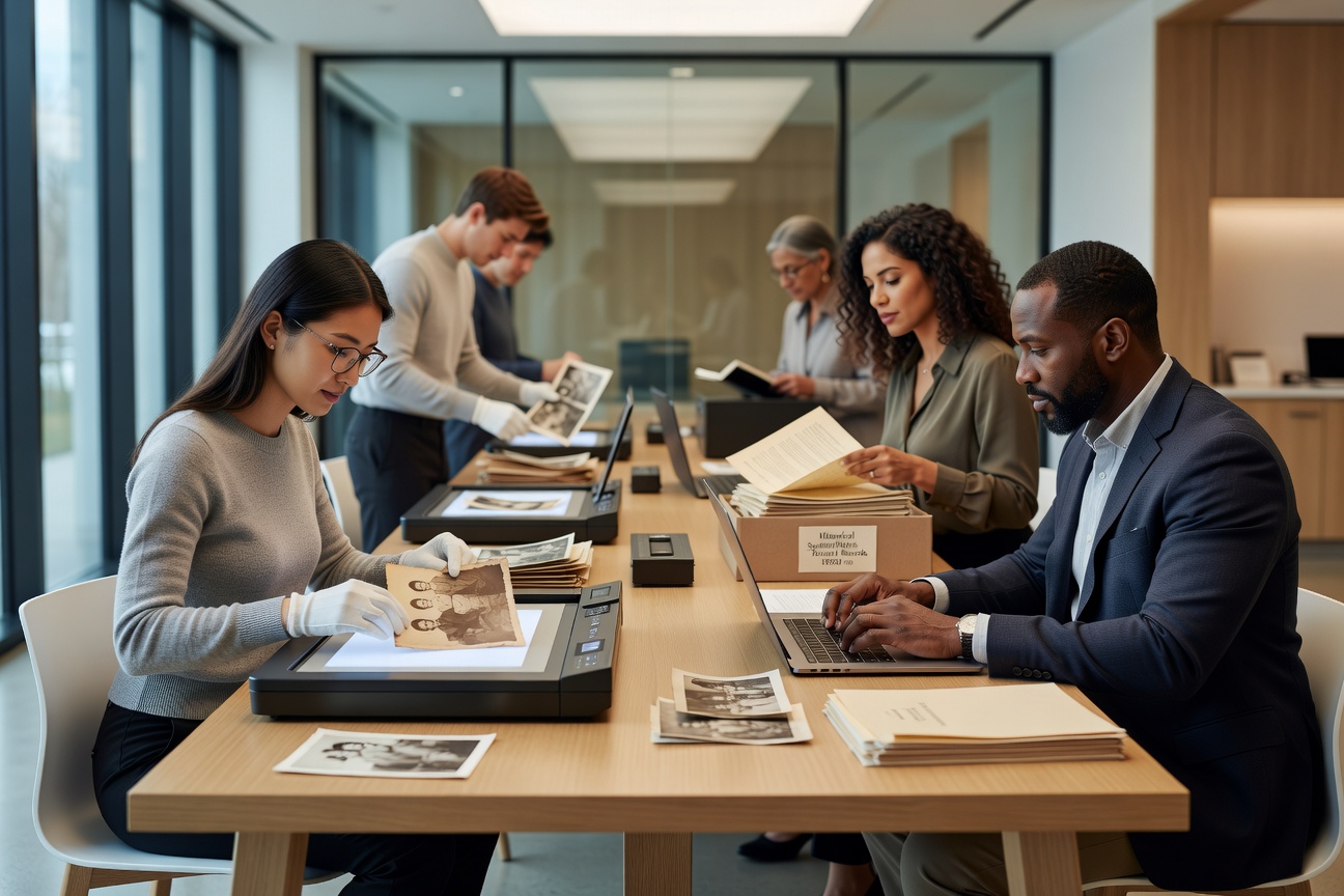 Ultra-realistic 8K image showing a diverse group of volunteers carefully scanning old photographs and documents at a professional archival workstation in a bright modern facility