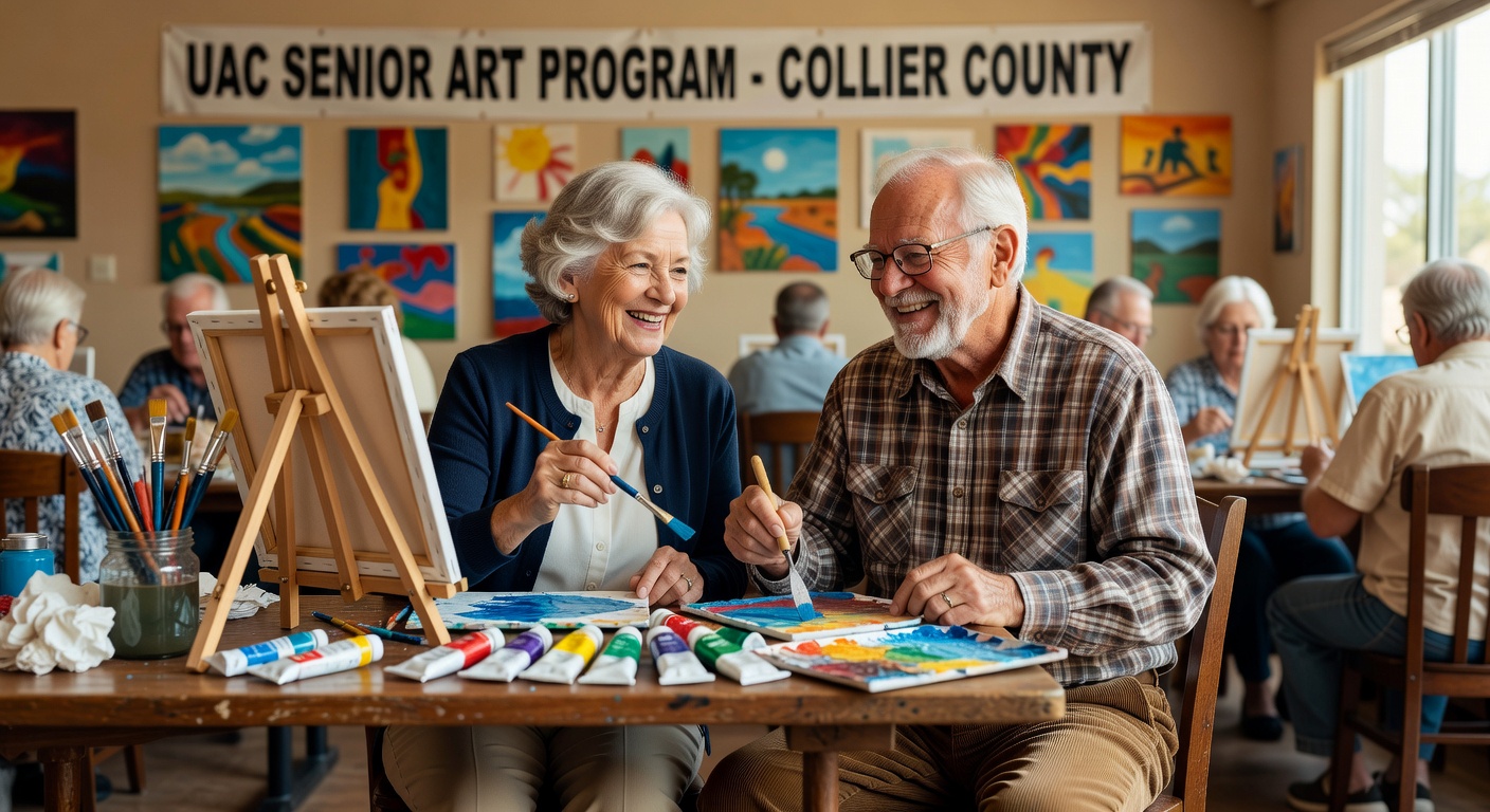 Ultra-realistic 8K photograph of elderly couple participating in UAC senior art program in Collier County, smiling while creating together at a table filled with art supplies, joyful connection